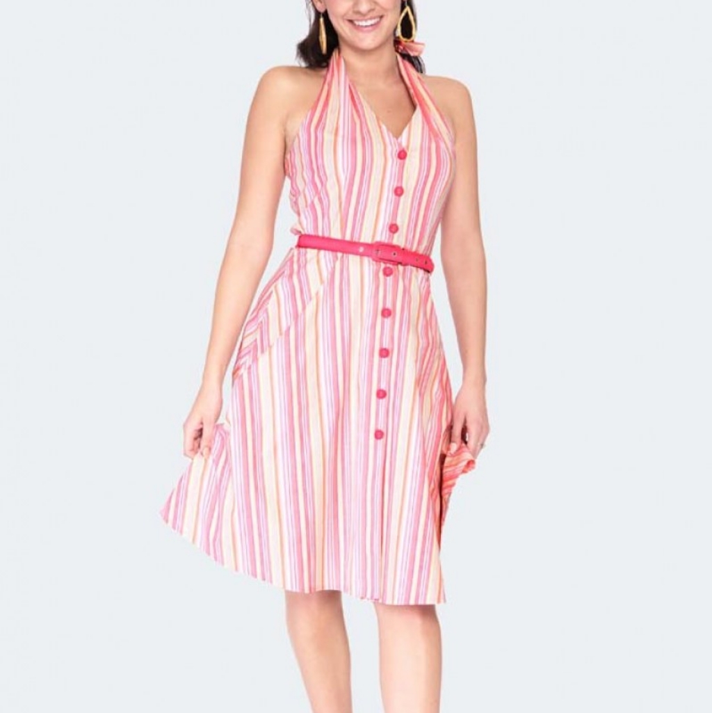Voodoo Vixen Pink And White Striped Halter Midi Dress